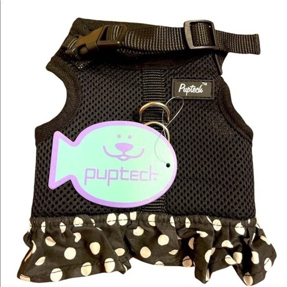 Puptech black polyester shell polka dots dog harness size Medium